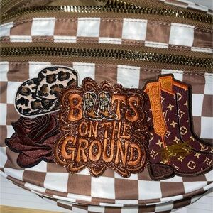 Women’s Custom Made Brown and White Checkered Bum Bag with Patches